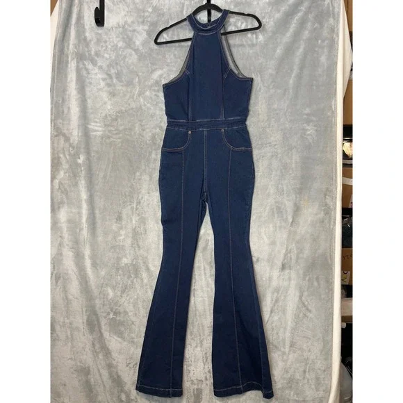 Free People We The Free Dark Wash Denim Halter Flare Leg Jumpsuit Size 6 - Picture 4 of 9
